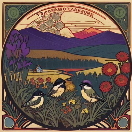 Vermont Landscape Woodcut Inspired by Alphonse Mucha