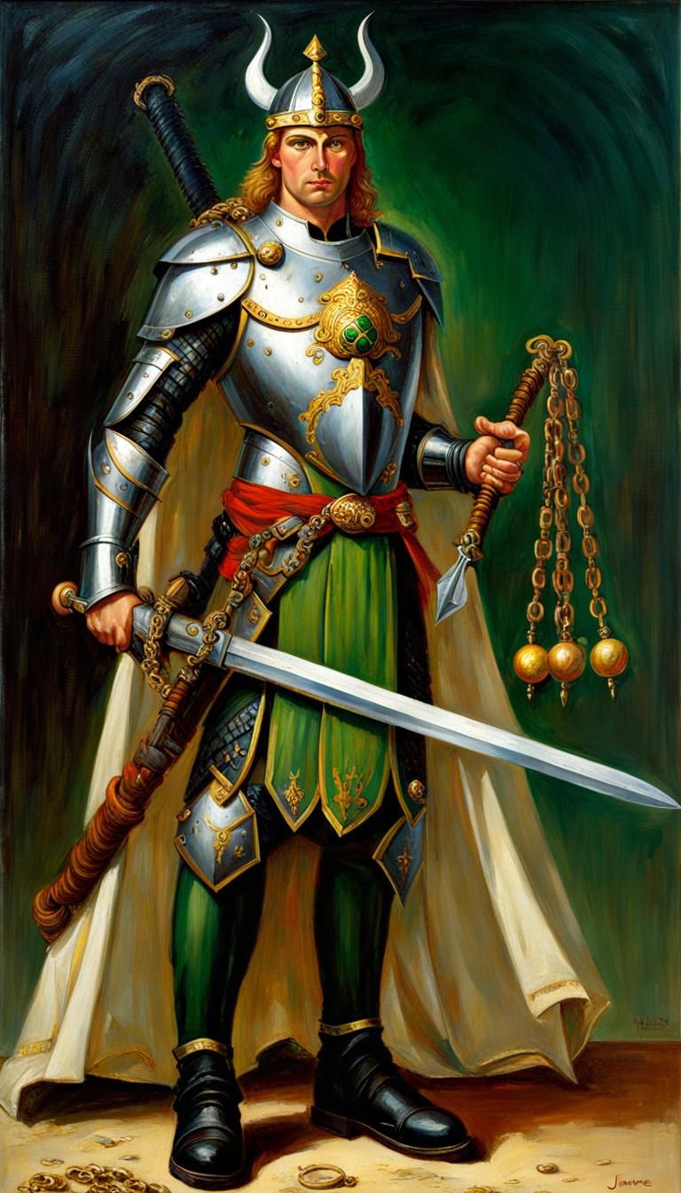 Armored Warrior with Sword and Flail as Oil Painting