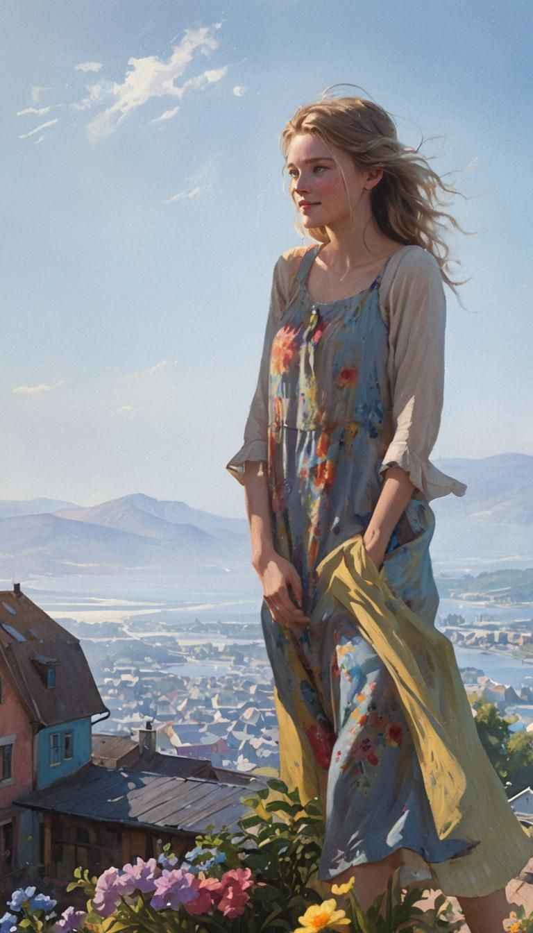 Young Woman with Blue Eyes in a Picturesque Town