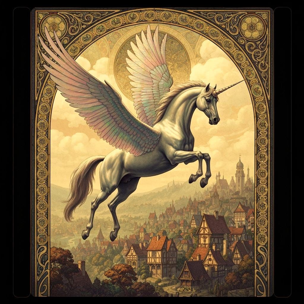 Art Nouveau Unicorn Pegasus Over Medieval Village