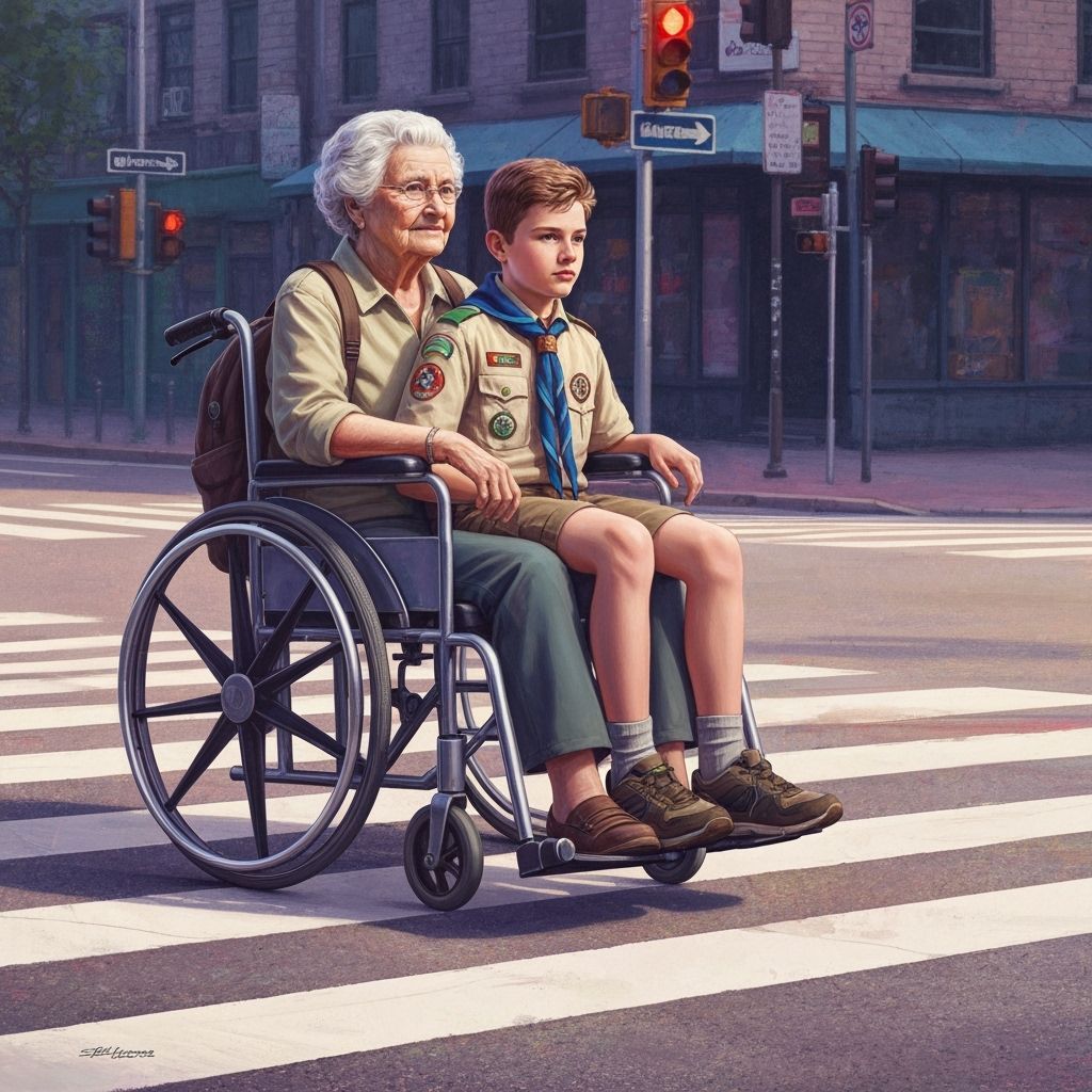 Elderly Woman in Wheelchair Gives Boy Scout a Ride