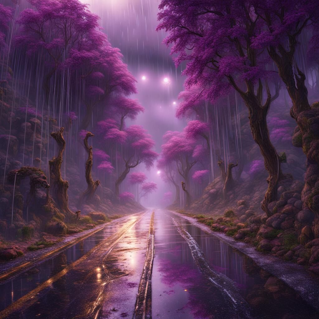 Purple Drizzle Over Glazed Road in Detailed Digital Painting