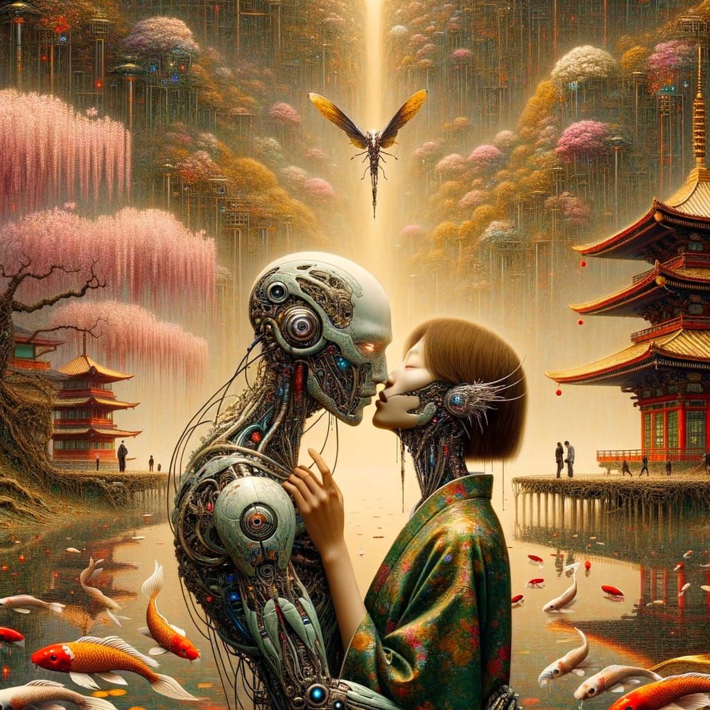Biomechanical Entity Kissing Woman in Dreamlike Landscape