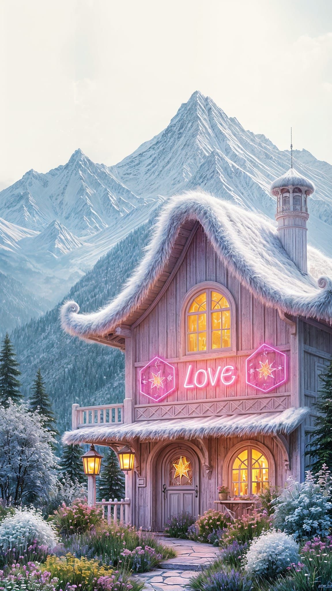 Whimsical Summer Mountain Scene with Neon Fairytale House