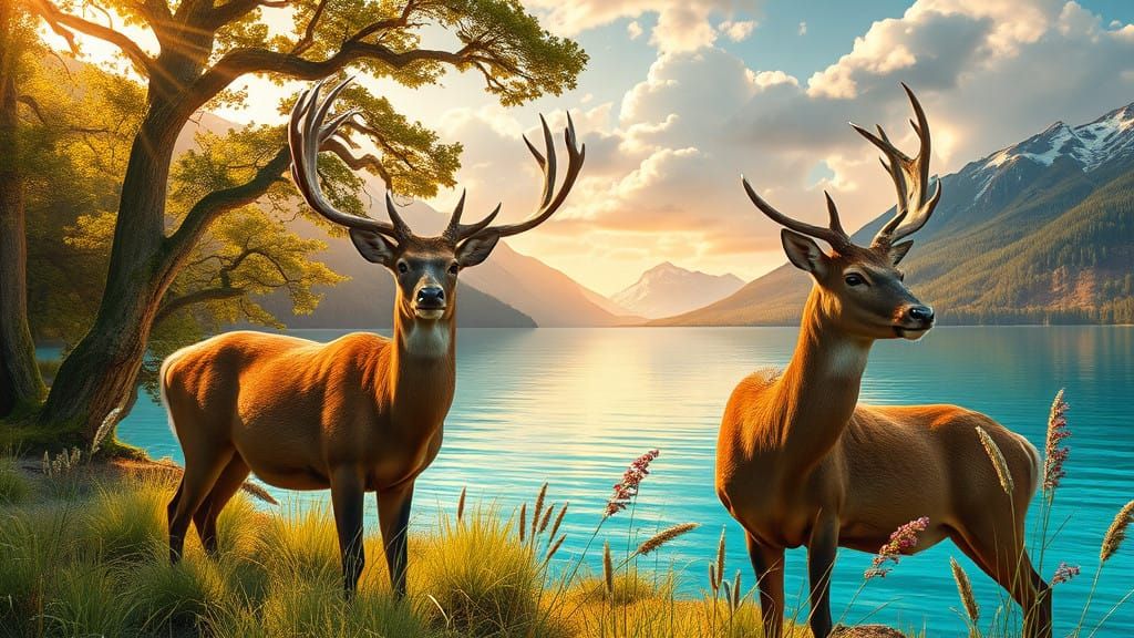 Majestic Deer in Forest Landscape with Golden Sunlight