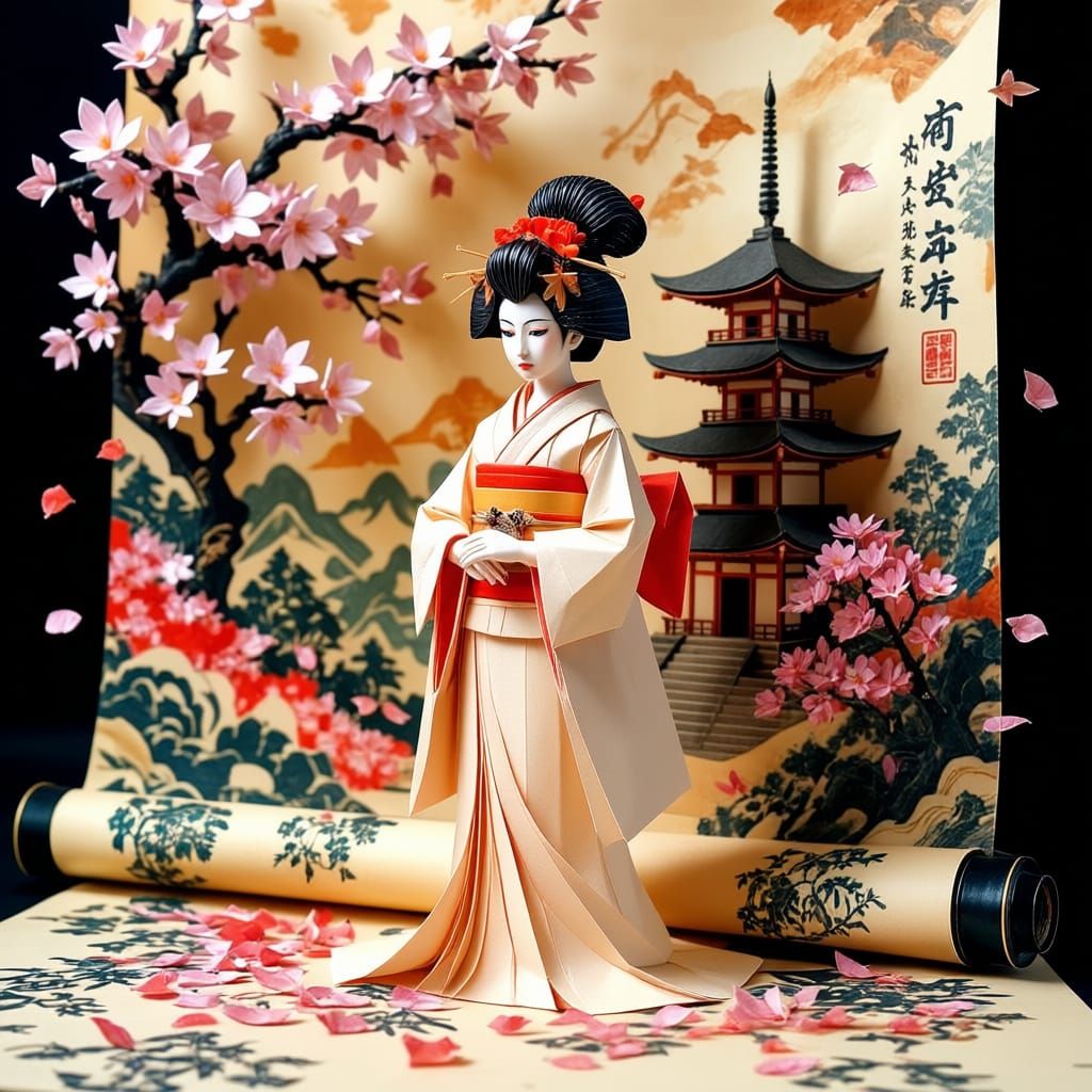 Origami Geisha on Japanese Scroll in Dark Colors