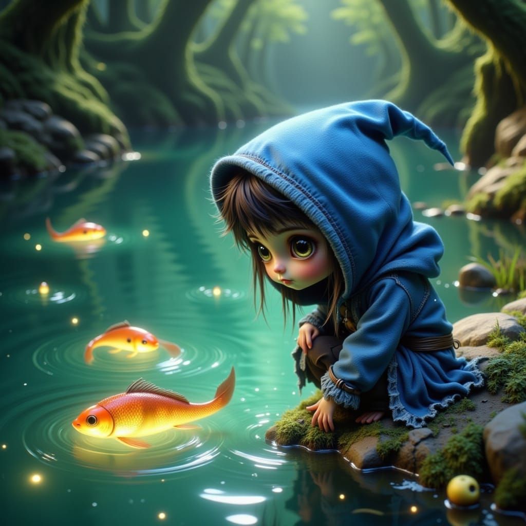 Cute Goblin by Magical Lake in Glittering Forest