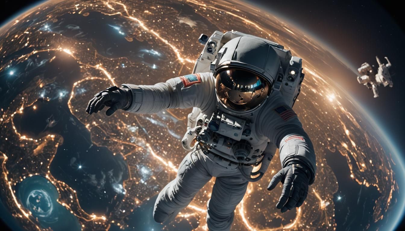 Astronaut Spacewalk with Earth at Night: Pixar Style