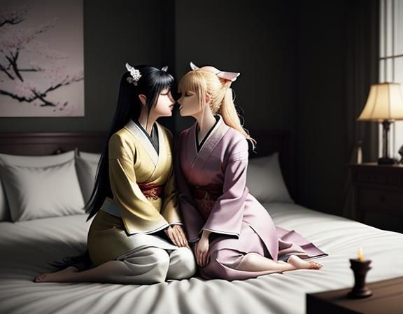 Female Kitsune Intimate Kiss in Manga Style