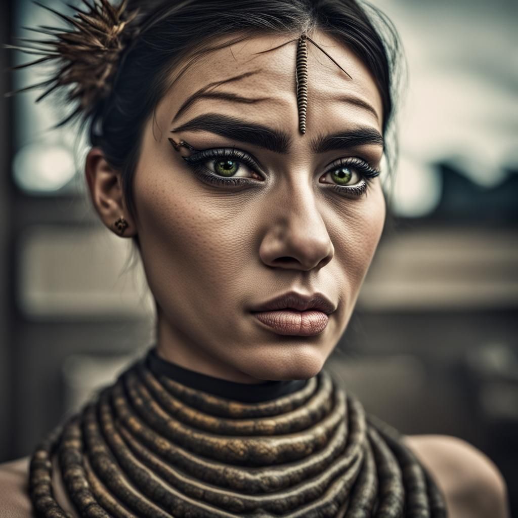 Hyperrealistic Woman Portrait with Caterpillar Eyebrows