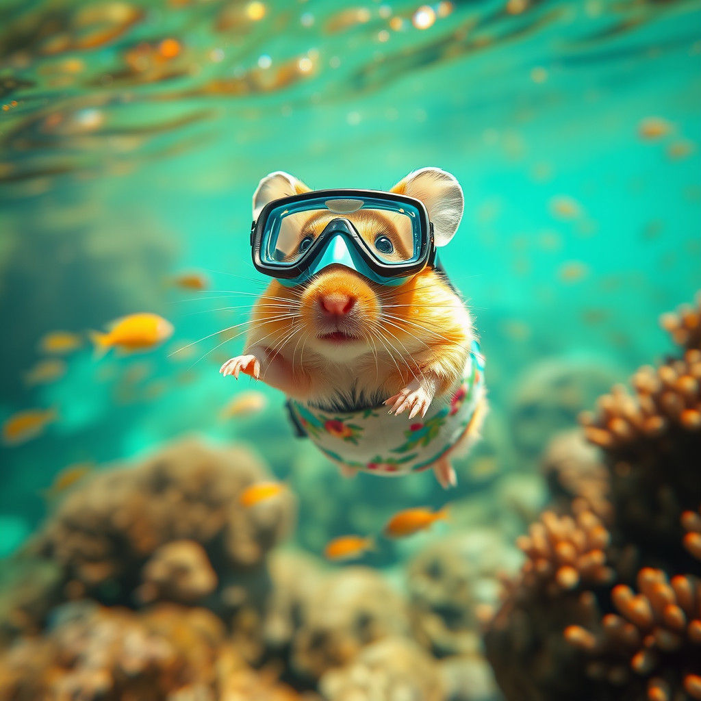 Surreal Beach Scene of a Hamster Snorkeling in Colorful Cora...