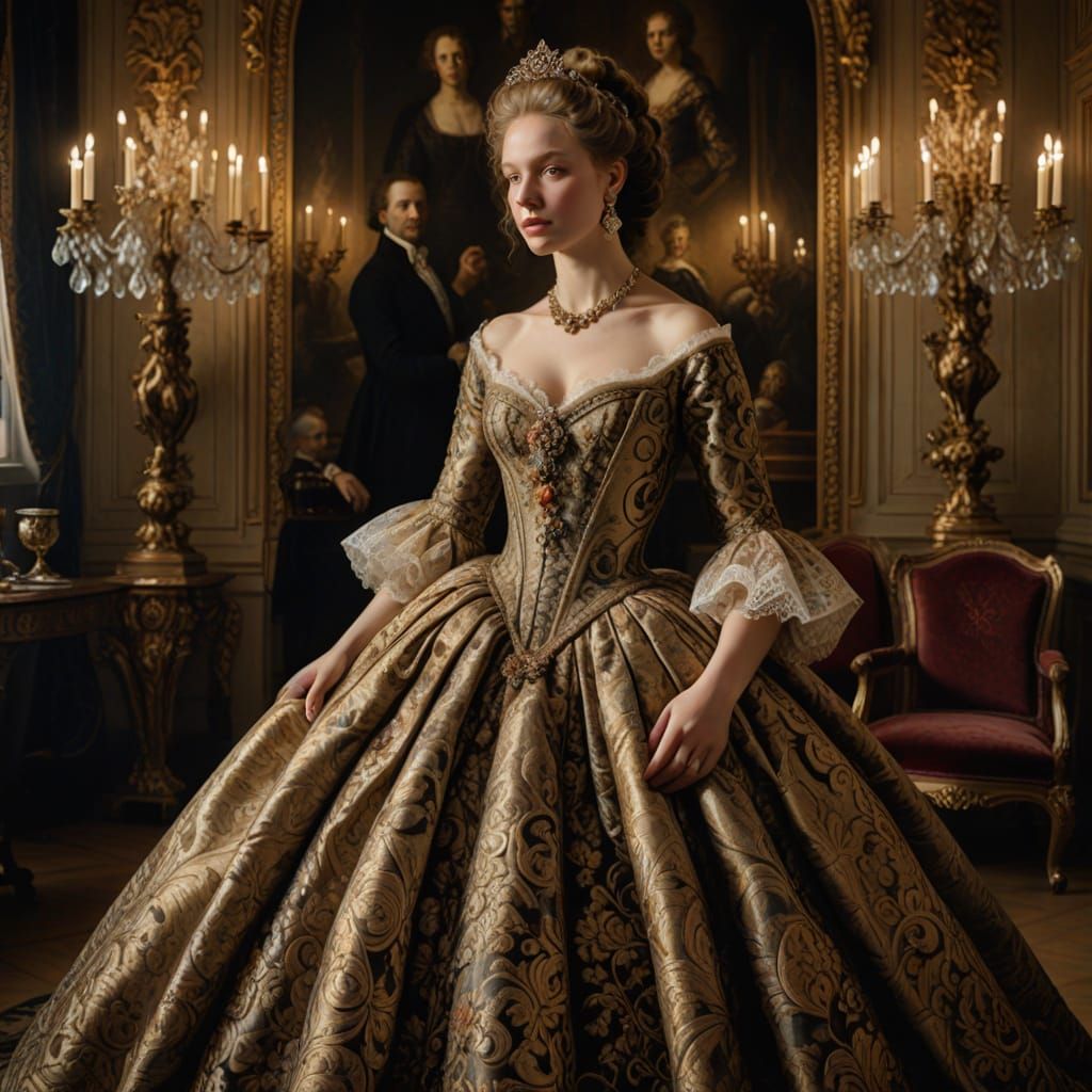 Elegant Young Woman in Lavish Baroque Gown