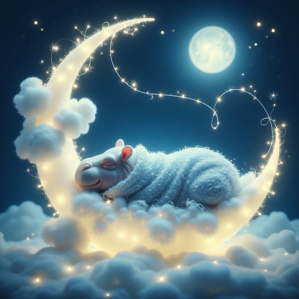 Whimsical Hippo Slumber on Crescent Moon