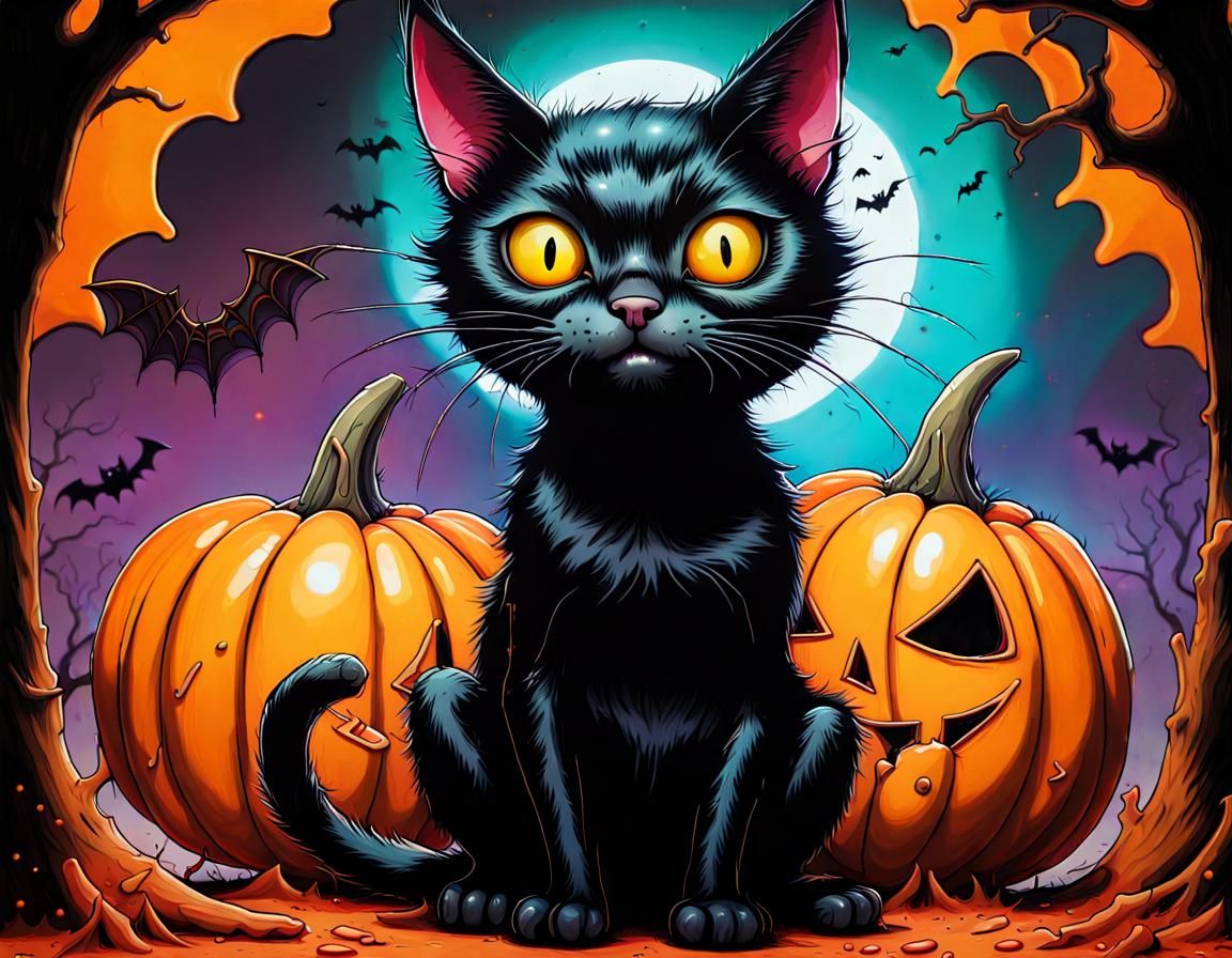 Halloween Black Cat Portrait in Airbrush Style