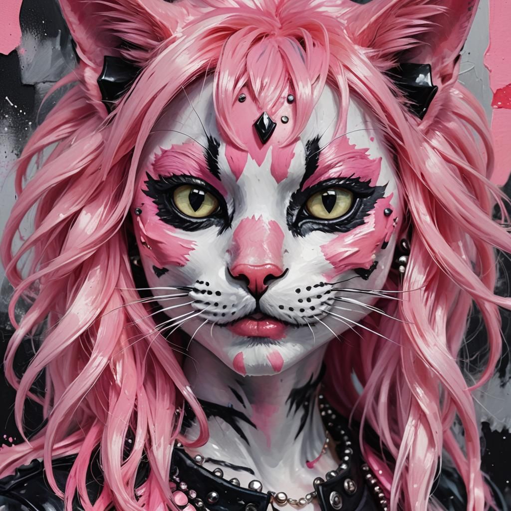 Punk Anthro Cat with Pink Hair in Abstract Oil Painting
