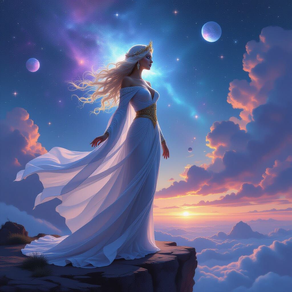 Ethereal Goddess Overlooking Nebula Cosmos in Painterly Styl...