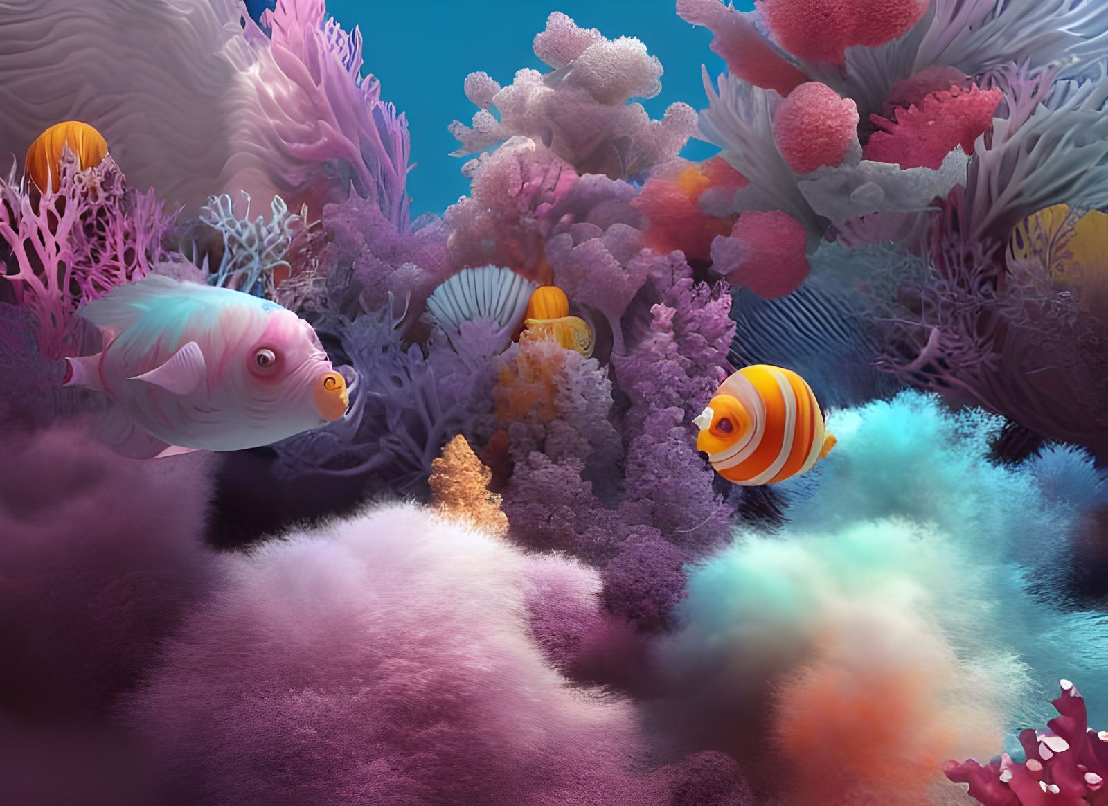 Fluffy White Fish Swimming in Coral Reef