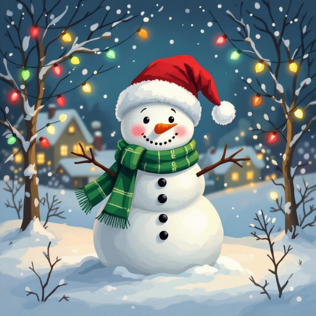 Whimsical Snowman in Snowy Landscape with Festive Lights