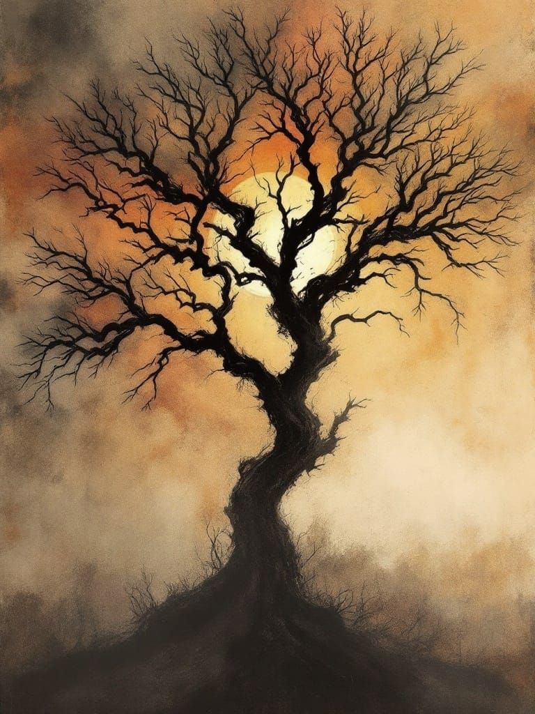 Charcoal Tree Silhouette in Copper Sunrise