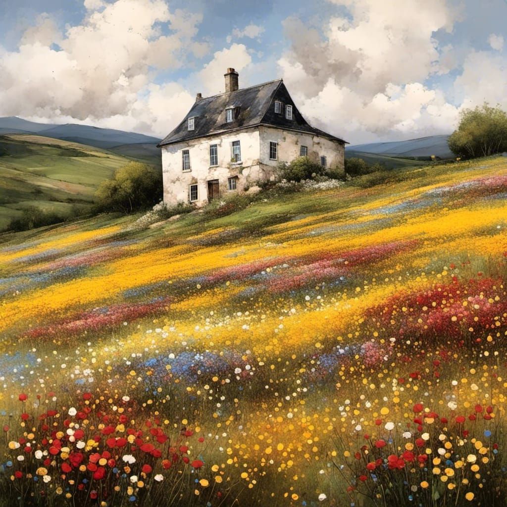 Hillside House with Flowers in Alcohol Ink Style