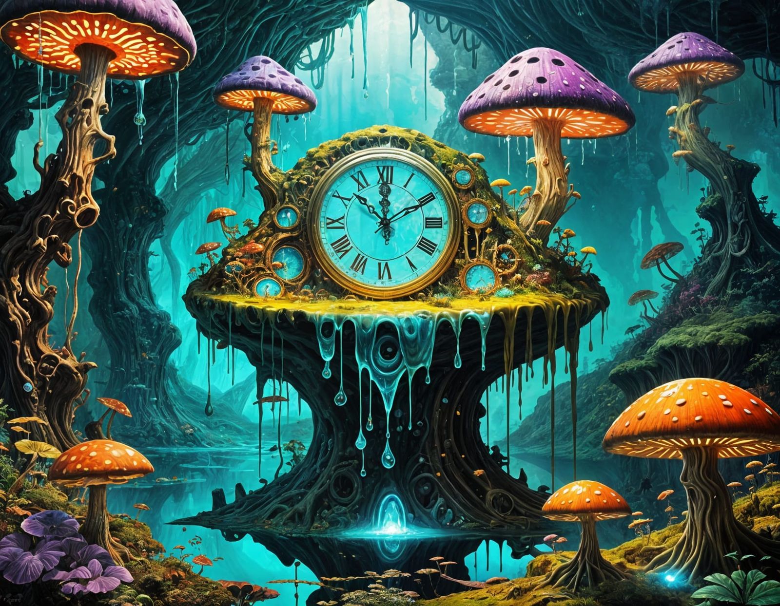 Melting Clock on Crystal Mushroom in Alien Jungle