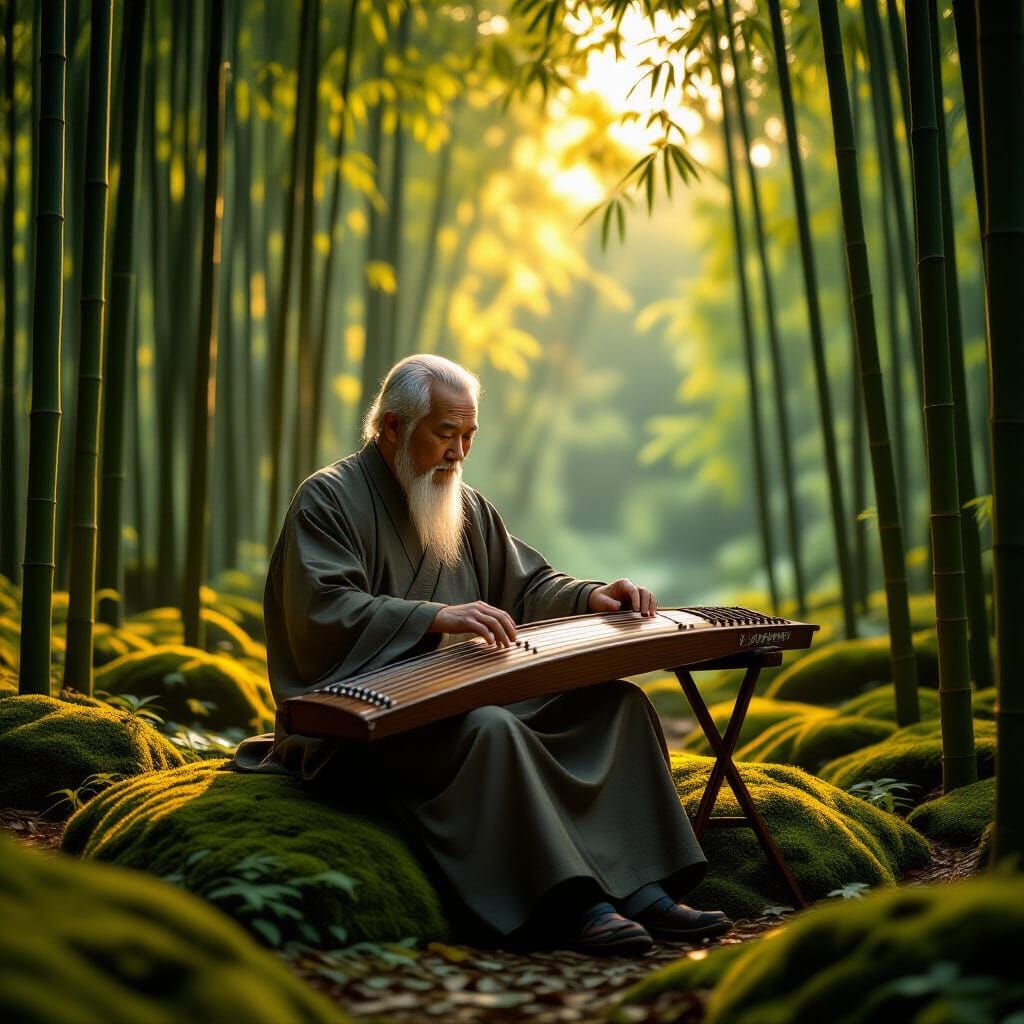 Guzheng Player in Bamboo Forest at Dawn
