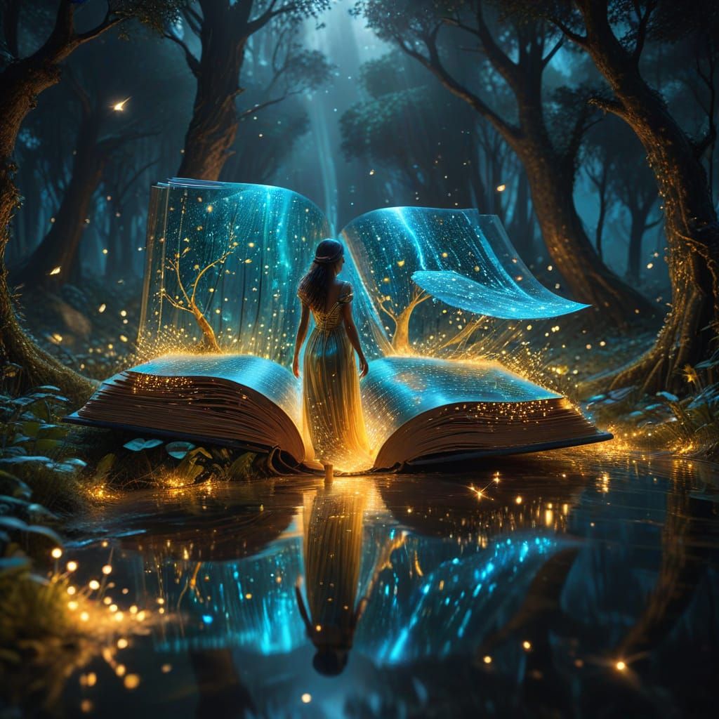 Ethereal Woman in Glass Forest Under Starlit Sky