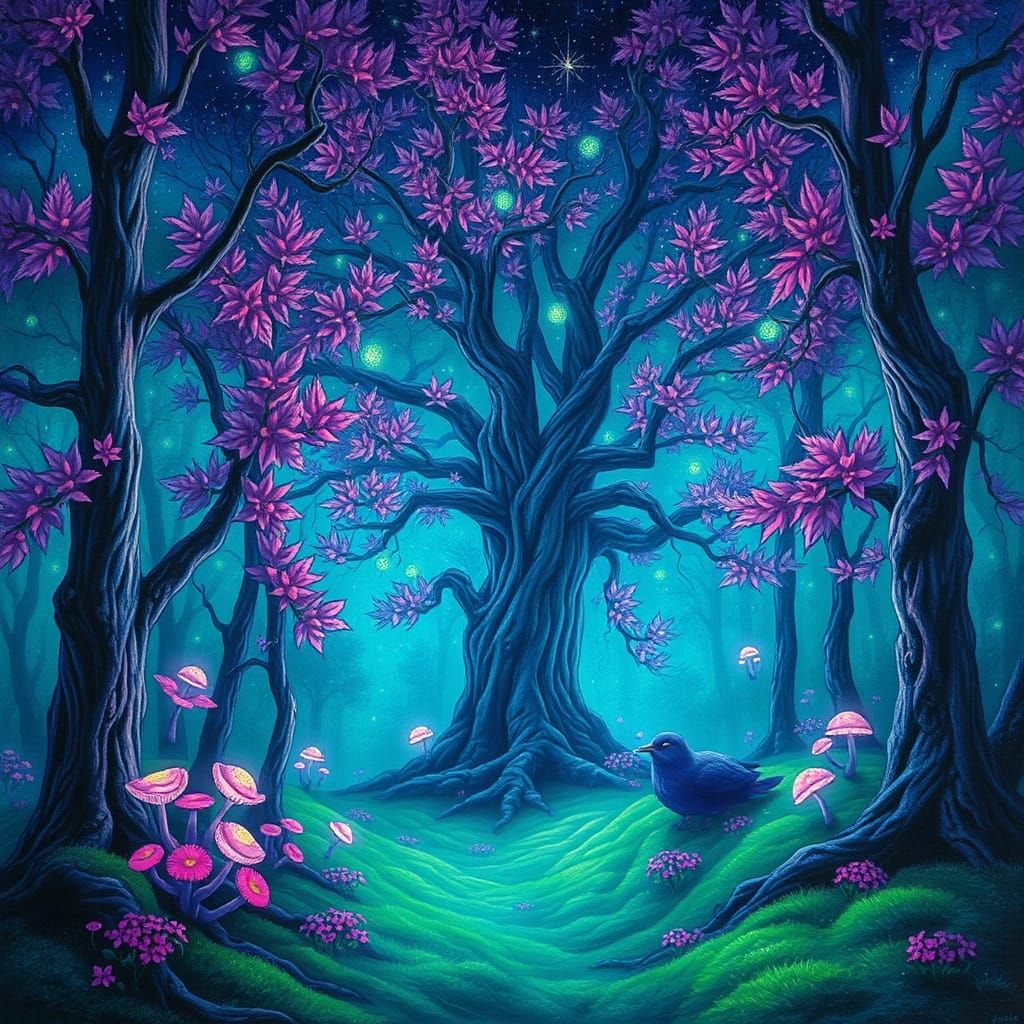 Dreamlike Forest Bathed in Ethereal Teal Glow