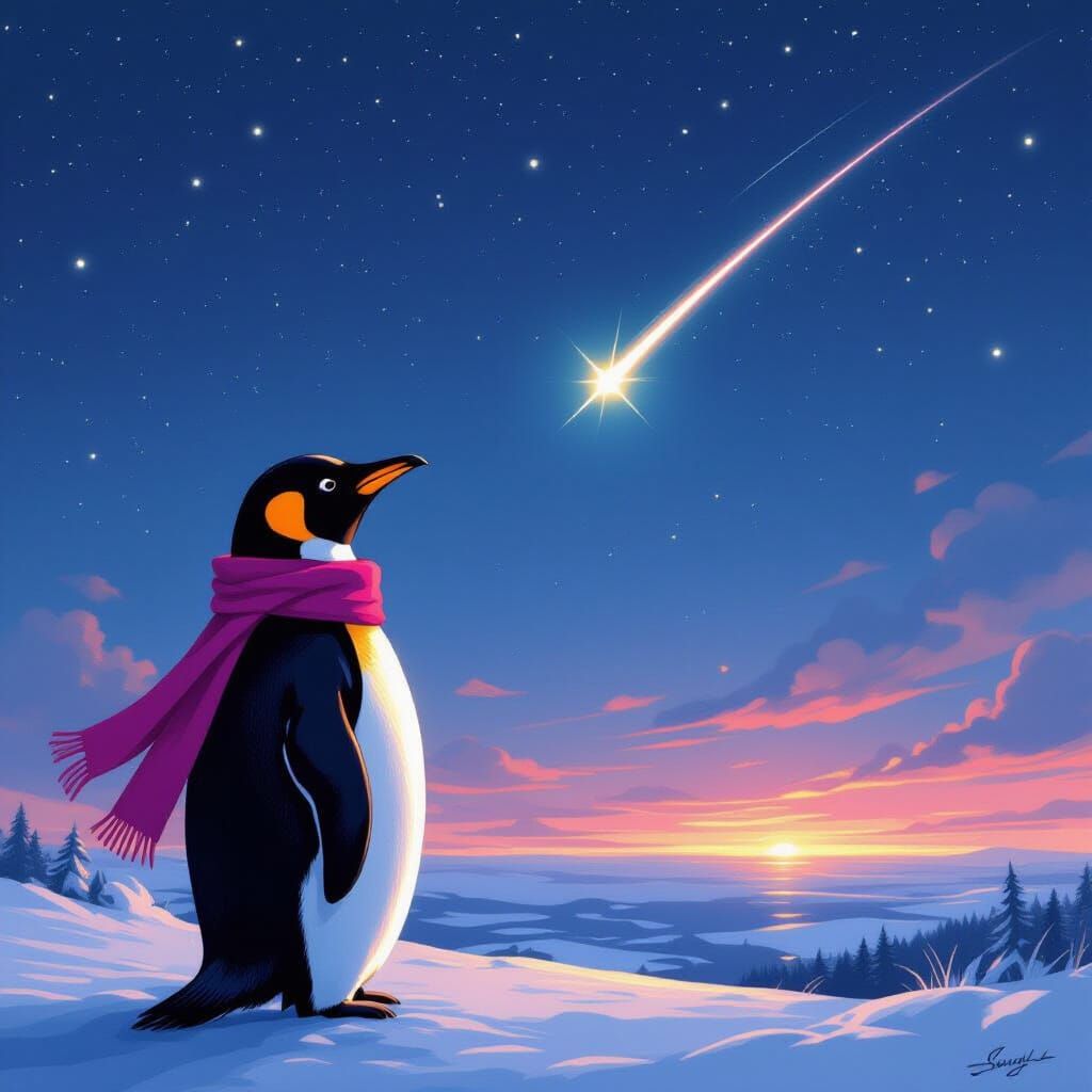 Penguin Witnessing a Shooting Star in Atmospheric Style