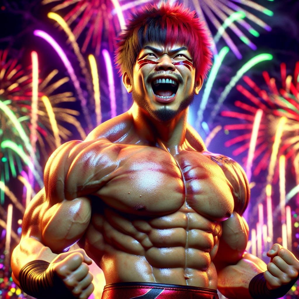 Victorious Japanese Wrestler Celebrates with Fireworks