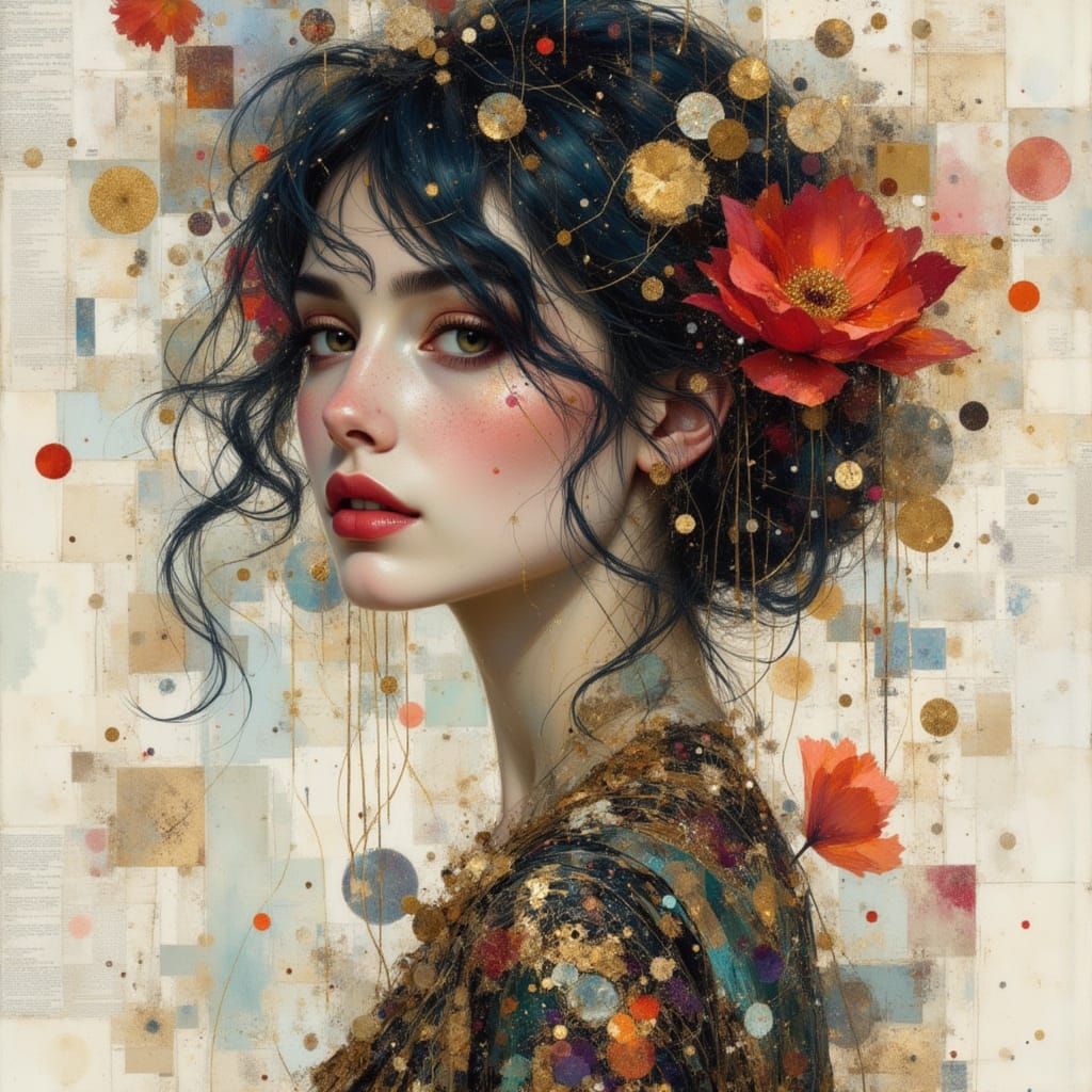 Surreal Double Exposure Woman with Constellations and Waterc...