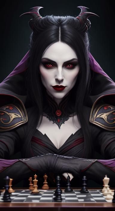 Vivid Portrait of a Lady Vampiress Playing Chess