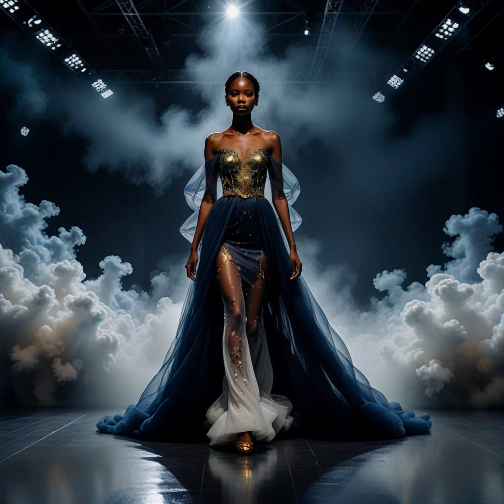 Surreal Dark Blue Runway Scene with White Gown and Gold Heel...