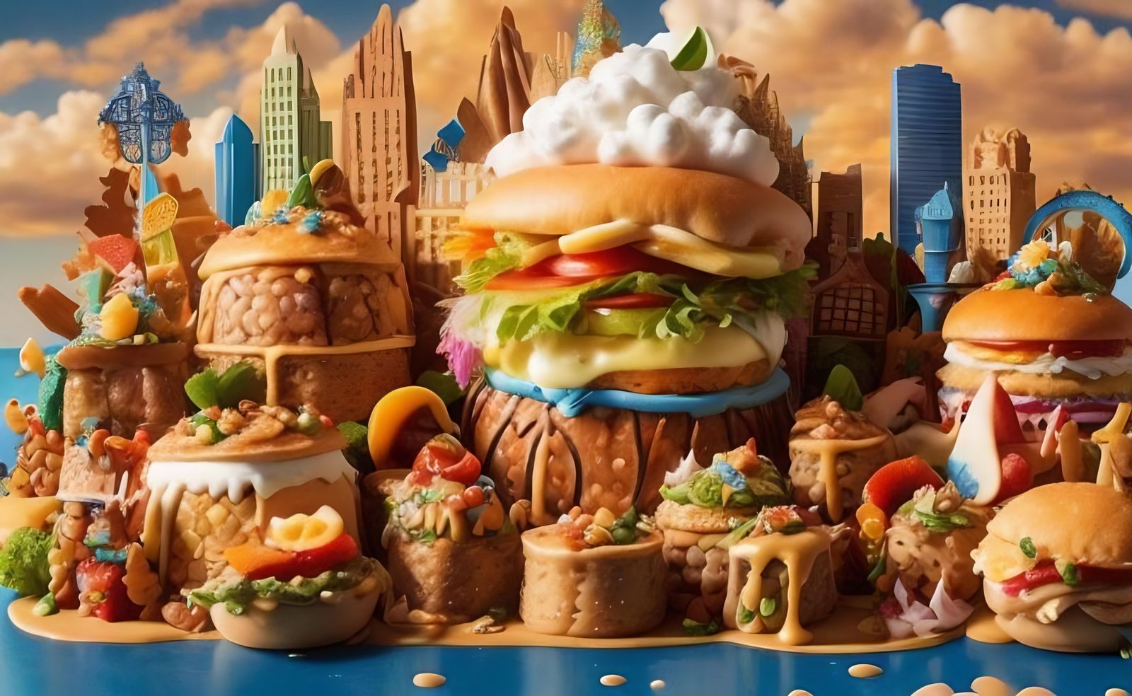 Food-Themed Worlds - City made of food with sunny blue sky a...
