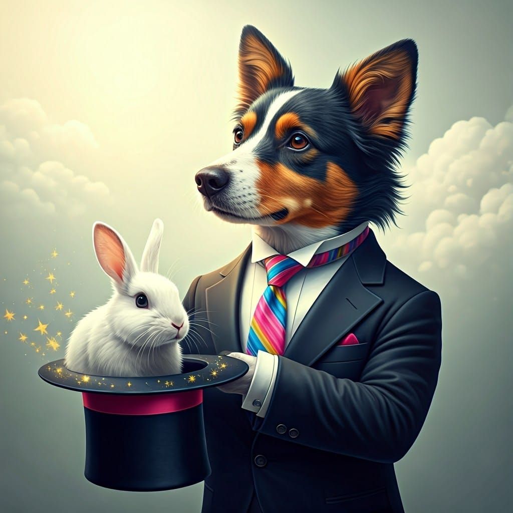 Dog Magician with Rabbit in Dreamlike Setting