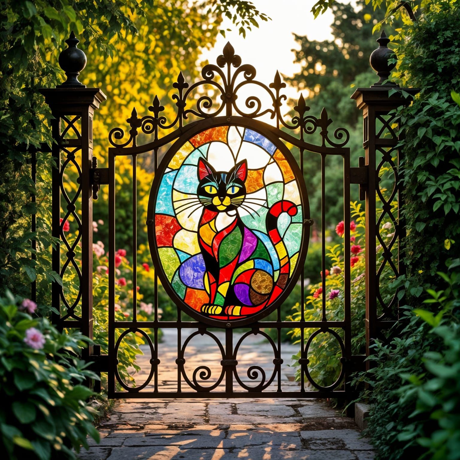 Iron Gate with Stained Glass Cat Design Backlit