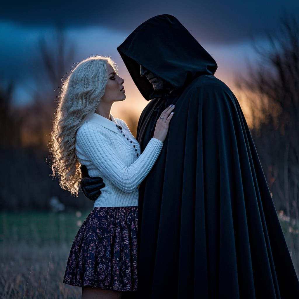 Blonde Goddess in White, Embraced by Dark Majesty