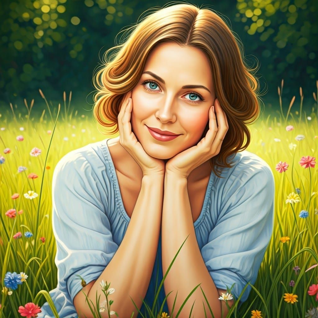 Peaceful Woman in Meadow: Impressionistic Art Nouveau Style
