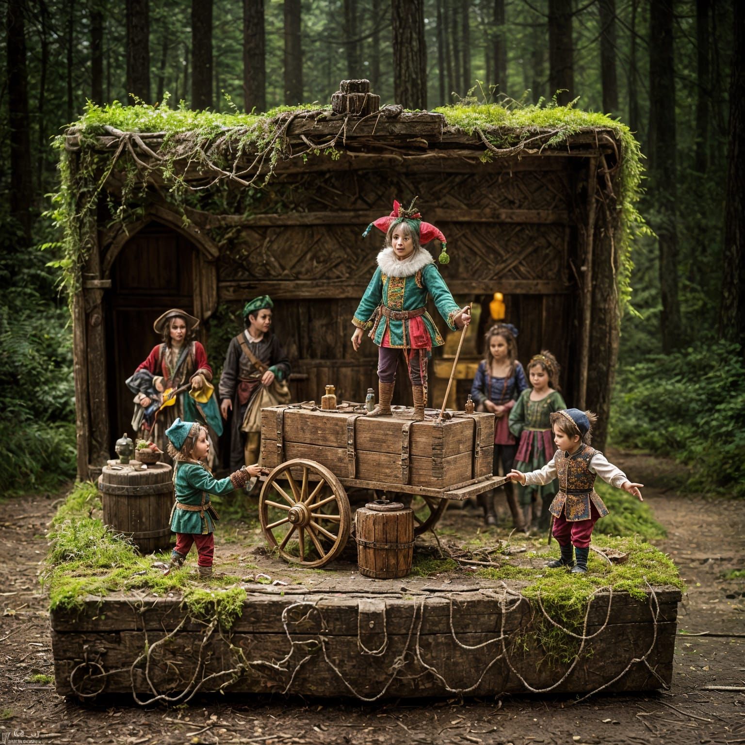 Miniature Jester Performs in Medieval City Scene