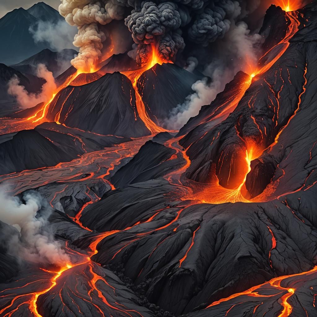Volcano Eruption with Lava Flows in Dark Fantasy Style