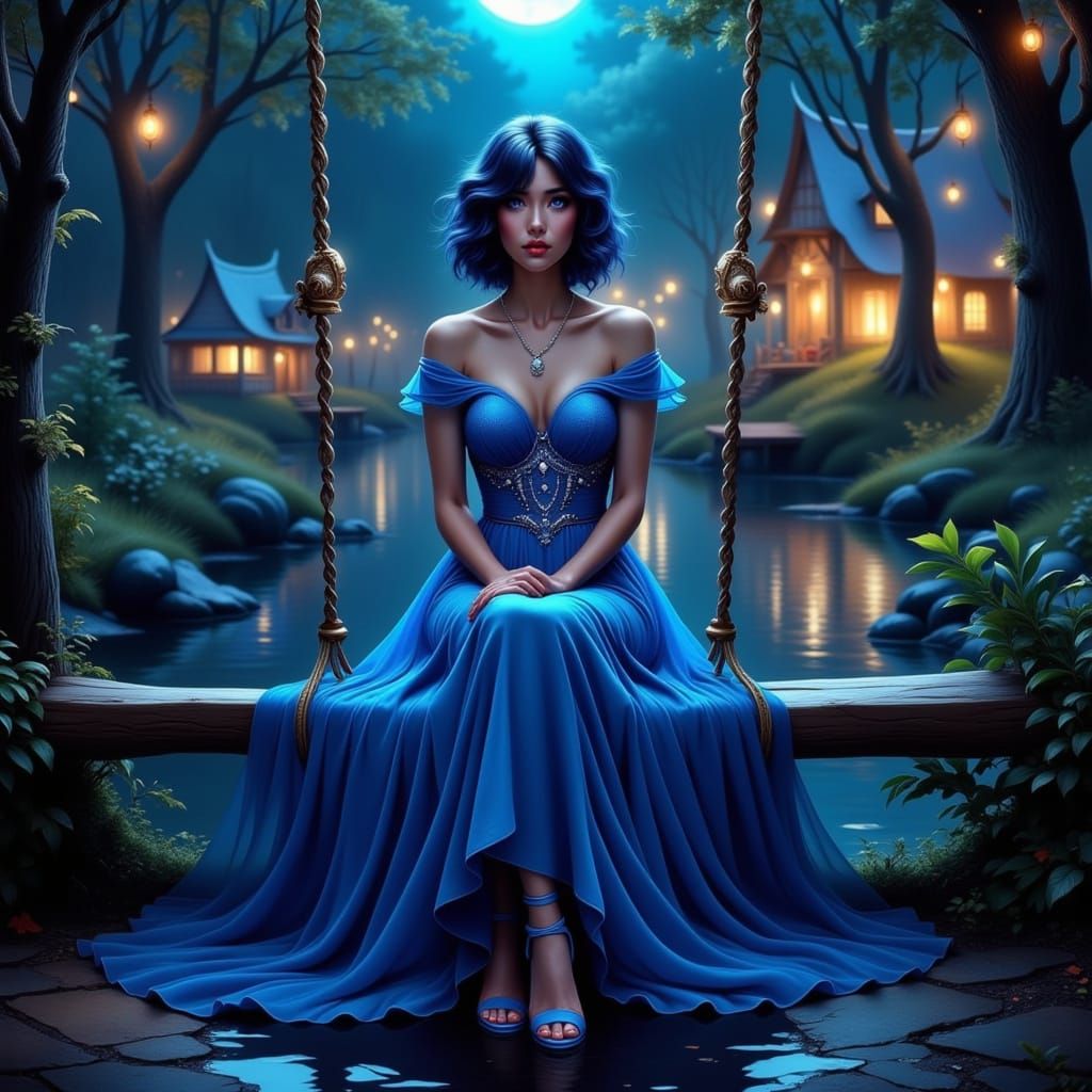 Ethereal Summer Night Scene with a Young Woman in a Sapphire...
