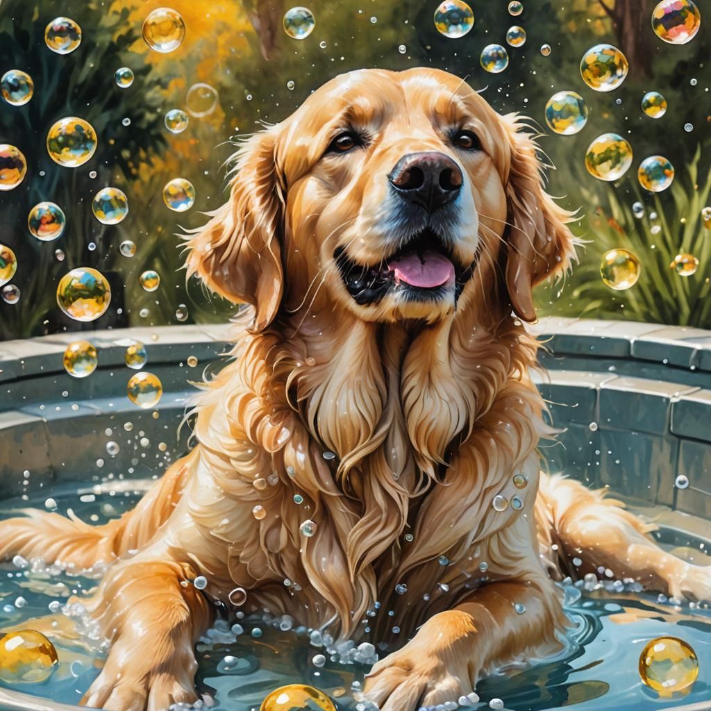 Golden Retriever in Hot Tub: Whimsical Oil Painting