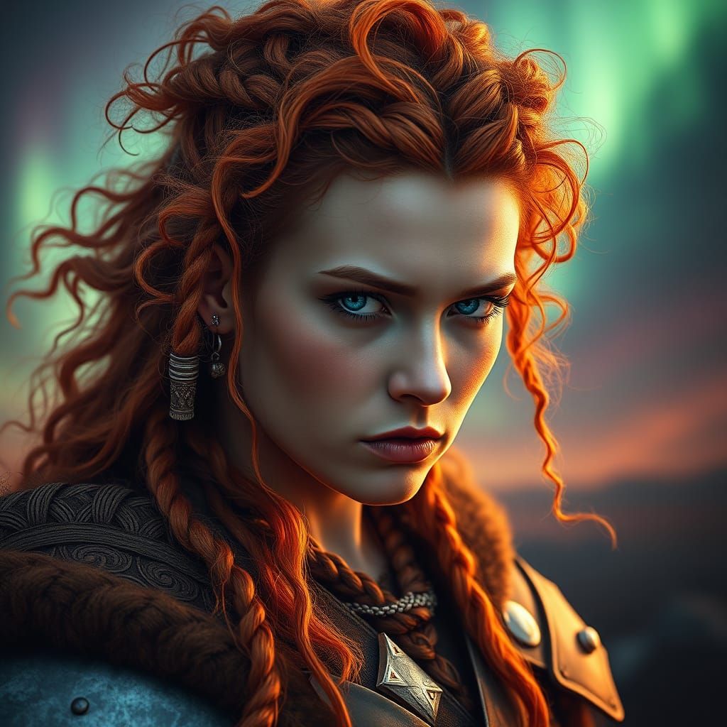 Viking Warrior Maiden with Red Hair and Intricate Armor