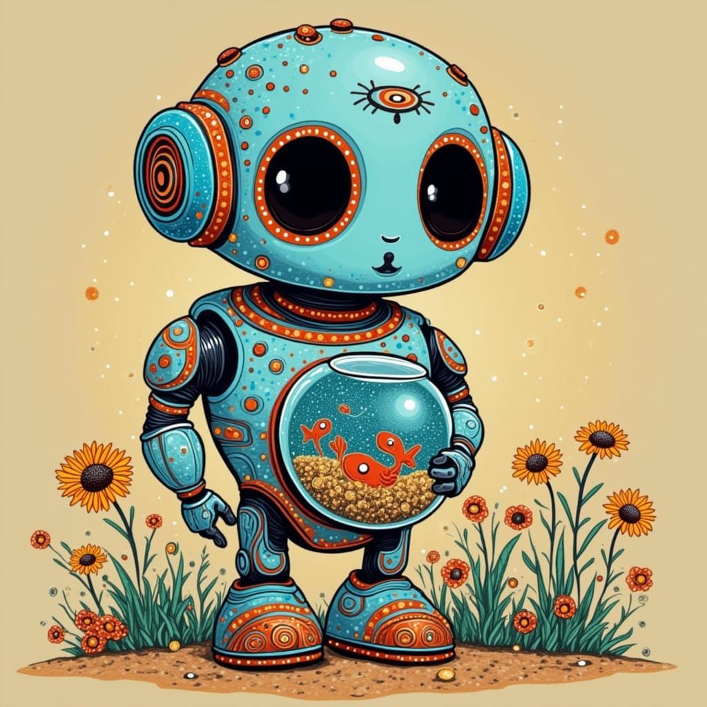 Cute Robot Holding Fishbowl in Dot Painting Style