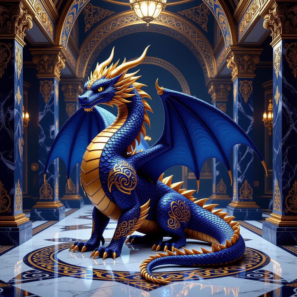 Indigo Gold Dragon with Celtic Knots in Marble Hall