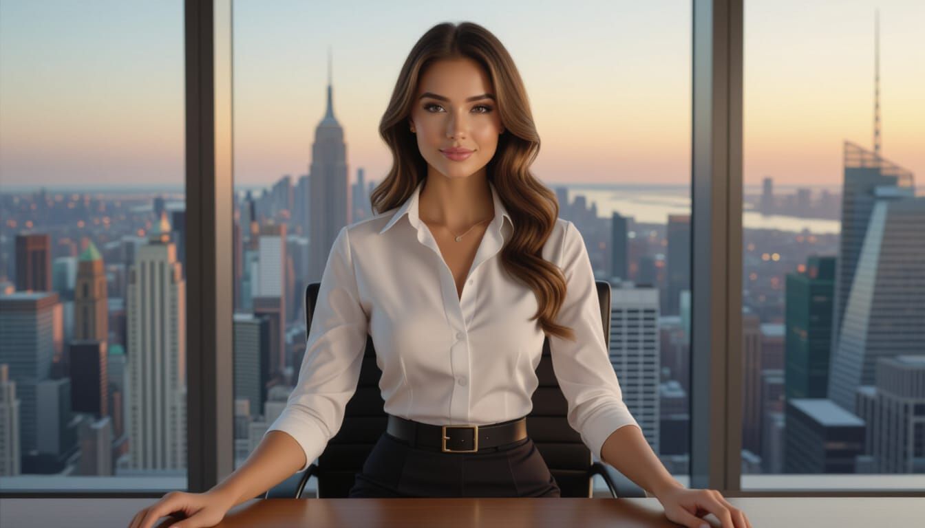Young Secretary in Modern Office with City View