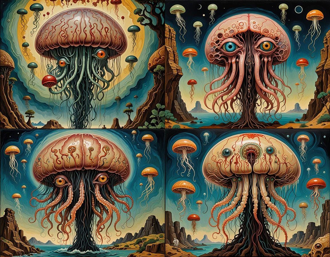 Surreal Egyptian Jellyfish Brain in Oil Paint Style