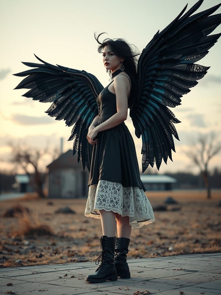 Gothic Woman with Black and Blue Wings in Lonely Park