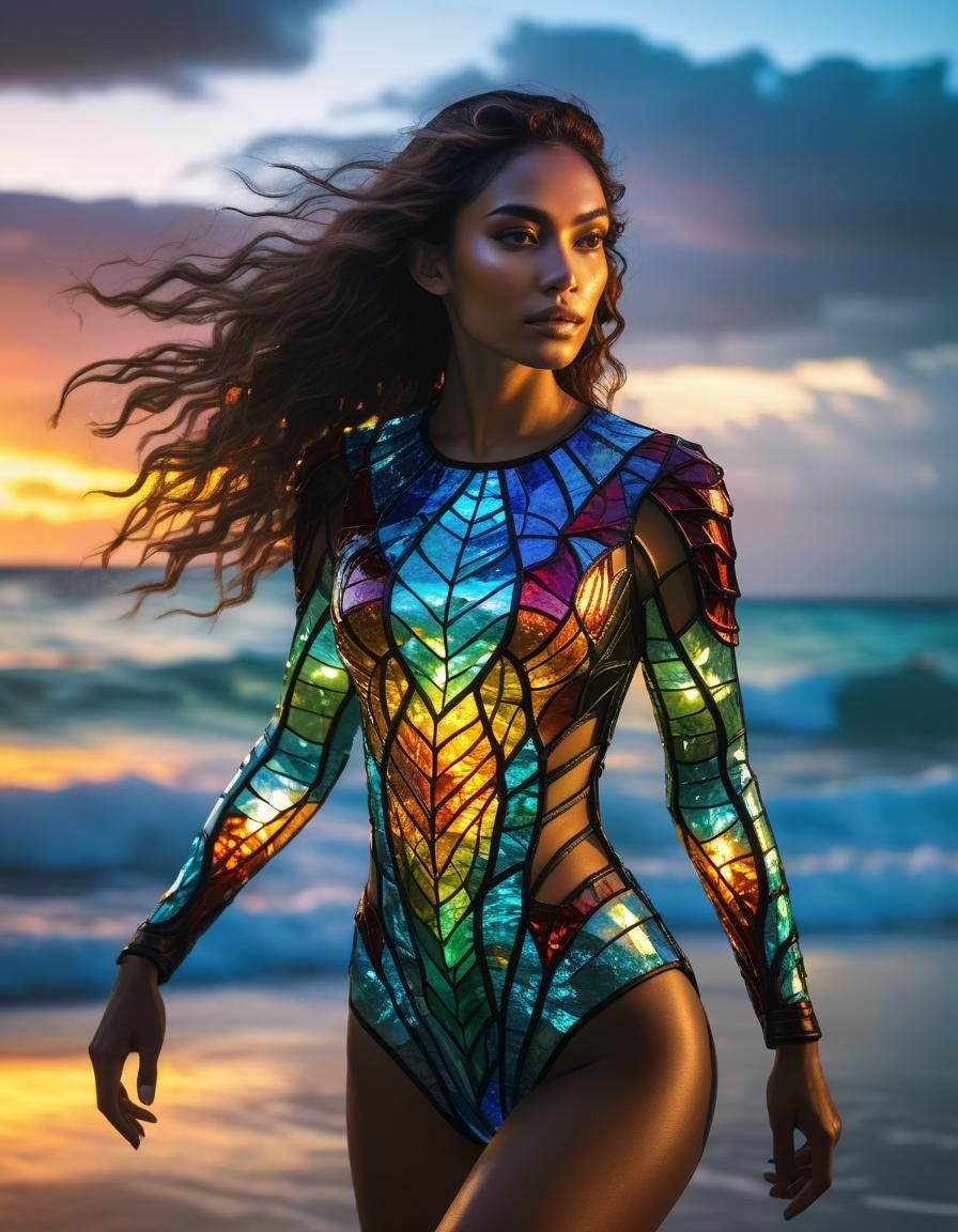 Bioluminescent Stained Glass Latina Girl Dancing