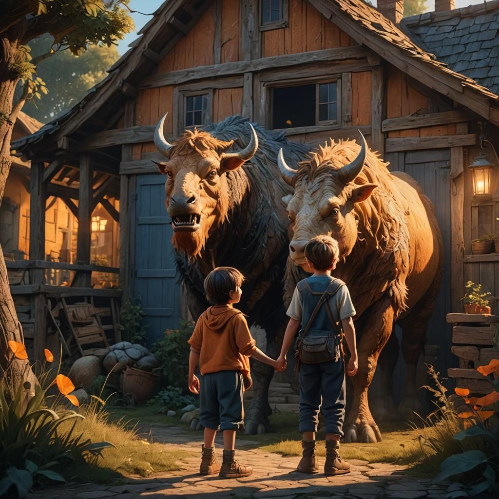 Child Befriends Monster in Sunset Fantasy Art